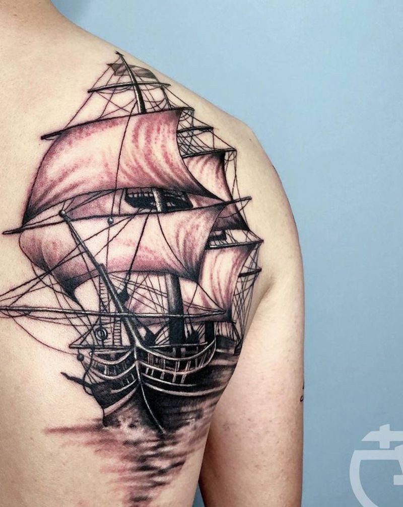 帆船纹身图片_背部Old School新传统纹身图案