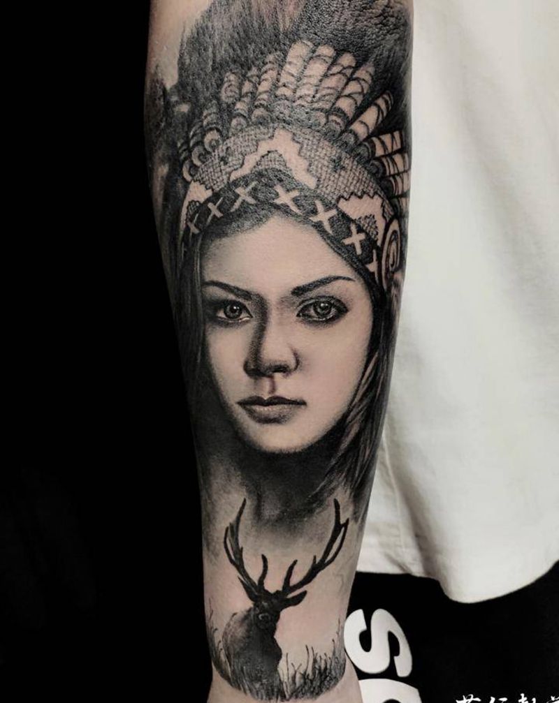 印第安美人纹身图片_手臂手部水墨欧美写实写实美女印第安人纹身图案