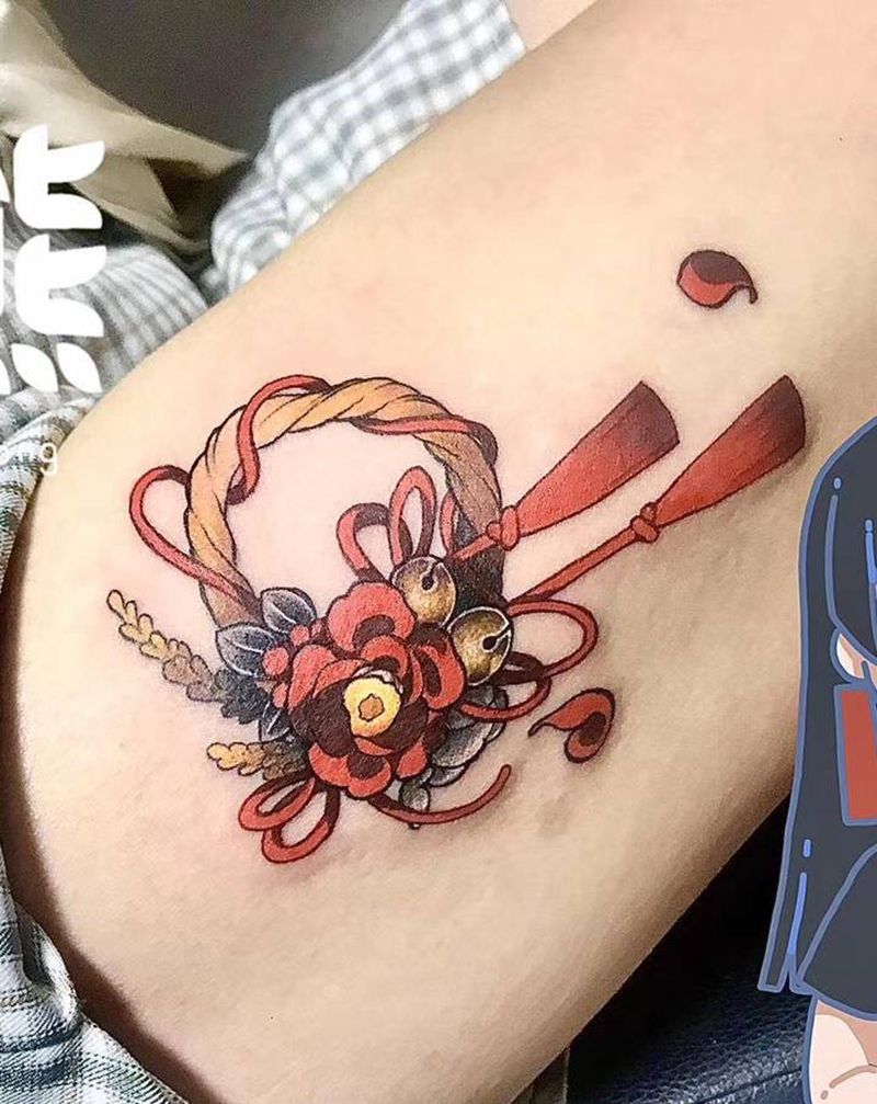 原创注连绳花环设计纹身图片_腿部日式纹身图案