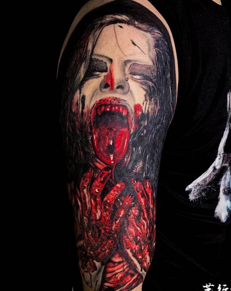 暴力美学丨tattoo纹身图片_手部手臂欧美写实水墨血腥恐怖丧尸纹身图案