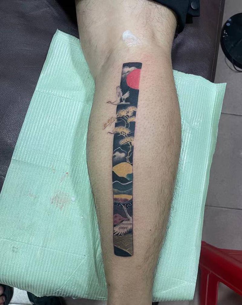 日式纹身图片_腿部老传统纹身图案