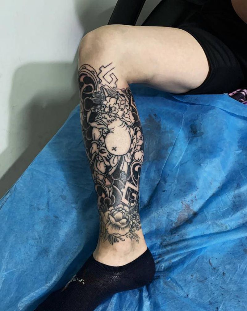 雷神纹身图片_脚部腿部老传统纹身图案