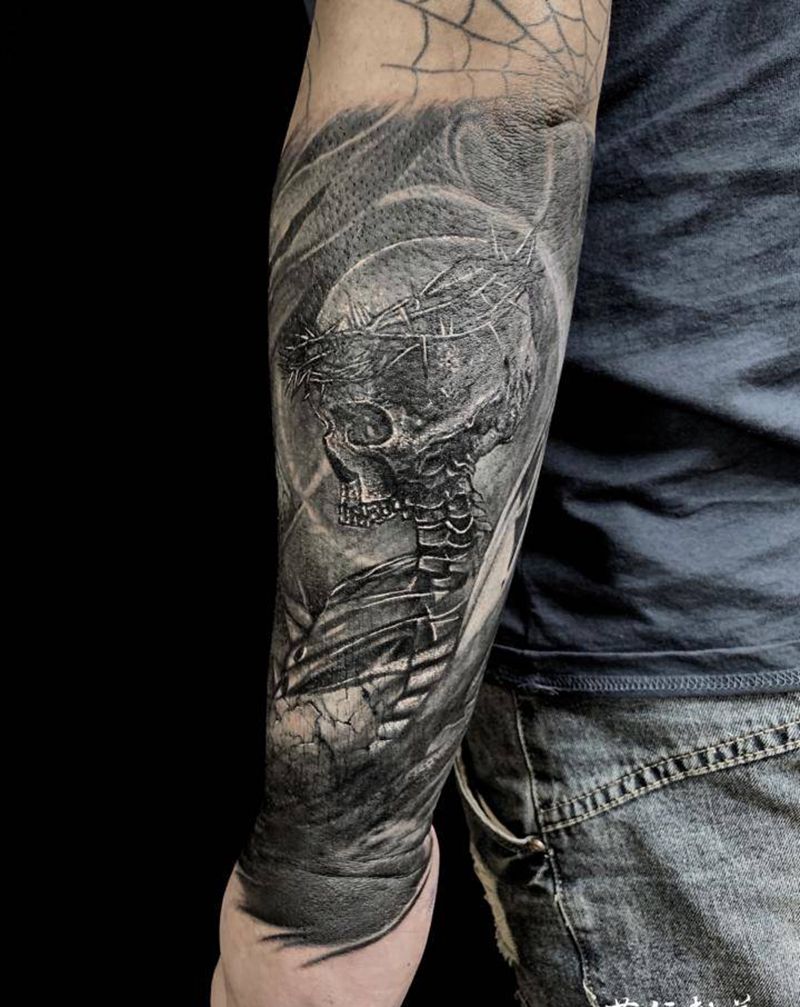 写实主义丨暴力遮盖纹身图片_手臂手部欧美写实点刺骷髅遮盖写实纹身图案