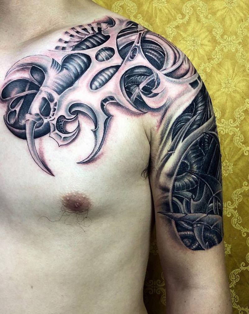 生化机械纹身图片_胸部手臂新传统New School纹身图案