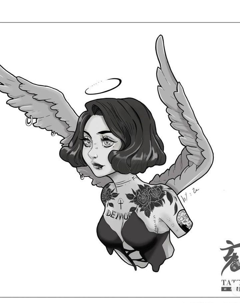 天使爱纹身纹身图片_胸部背部新传统纹身图案