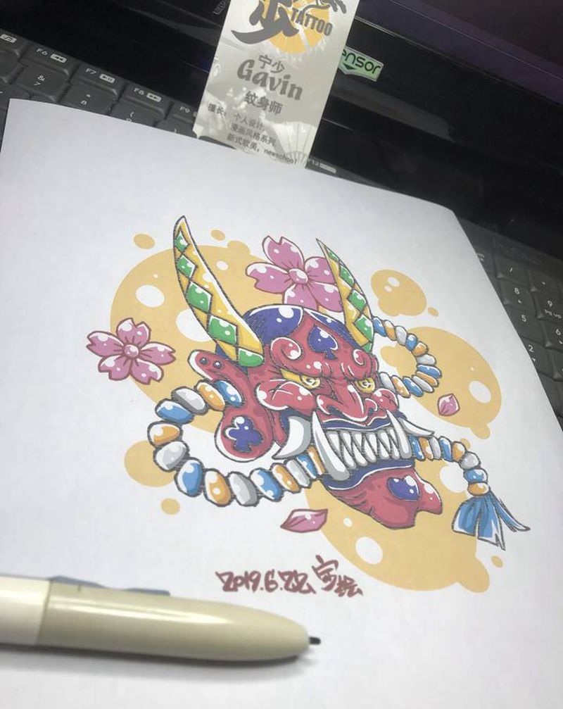 原创+粉红般若纹身图片_腿部手臂New School宁少Tattoo原创手稿纹身图案