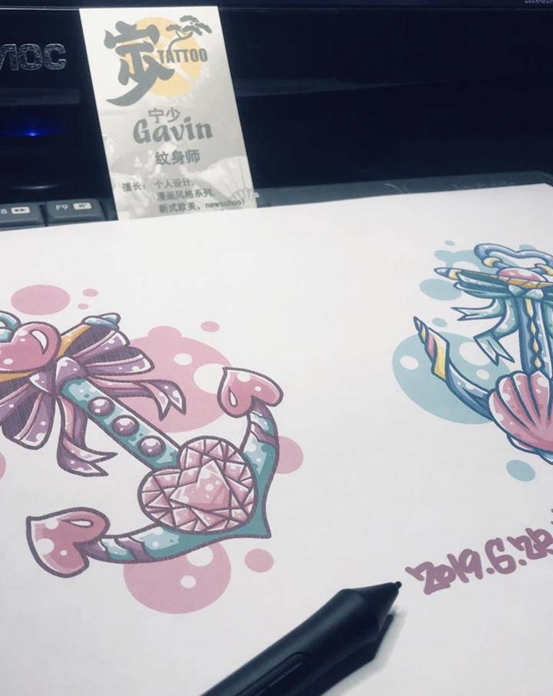 原创手稿+一对船锚⚓纹身图片_胸部手臂New School宁少Tattoo原创设计纹身图案
