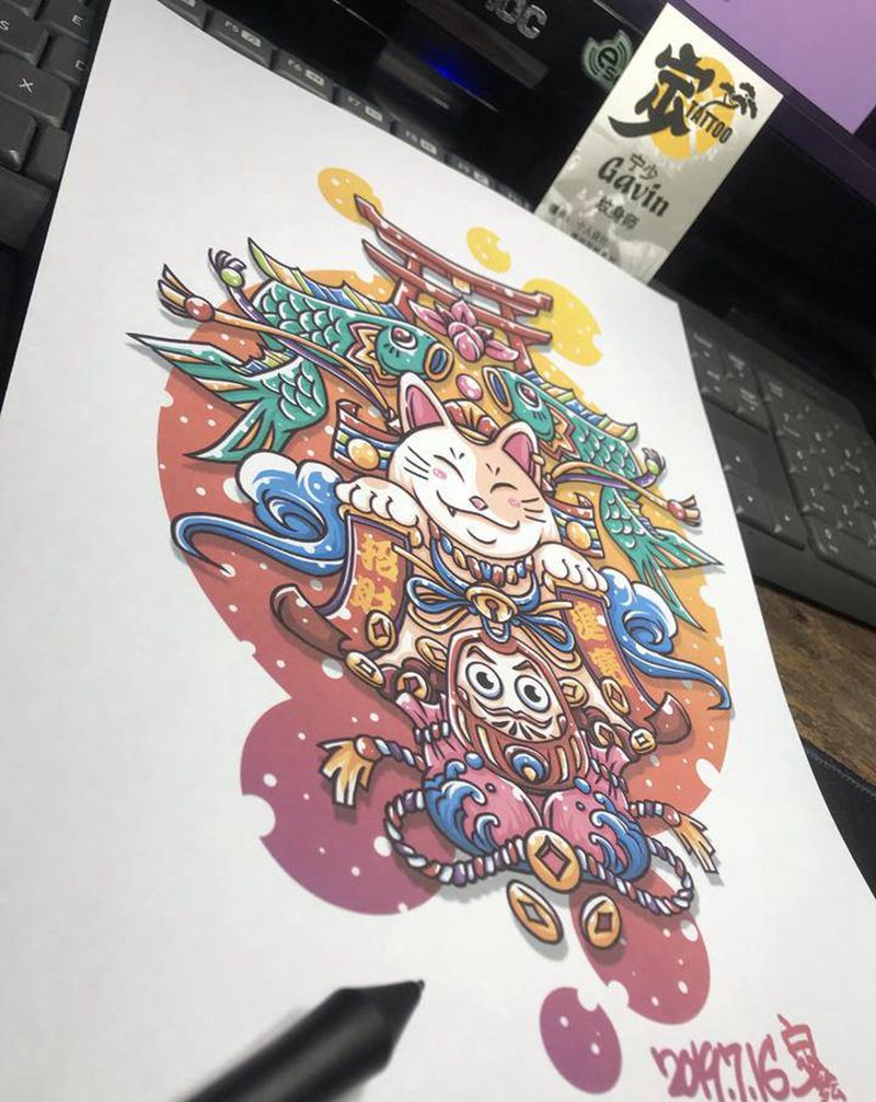 原创手稿+招财大猫纹身图片_腿部背部New School新传统招财猫纹身图案
