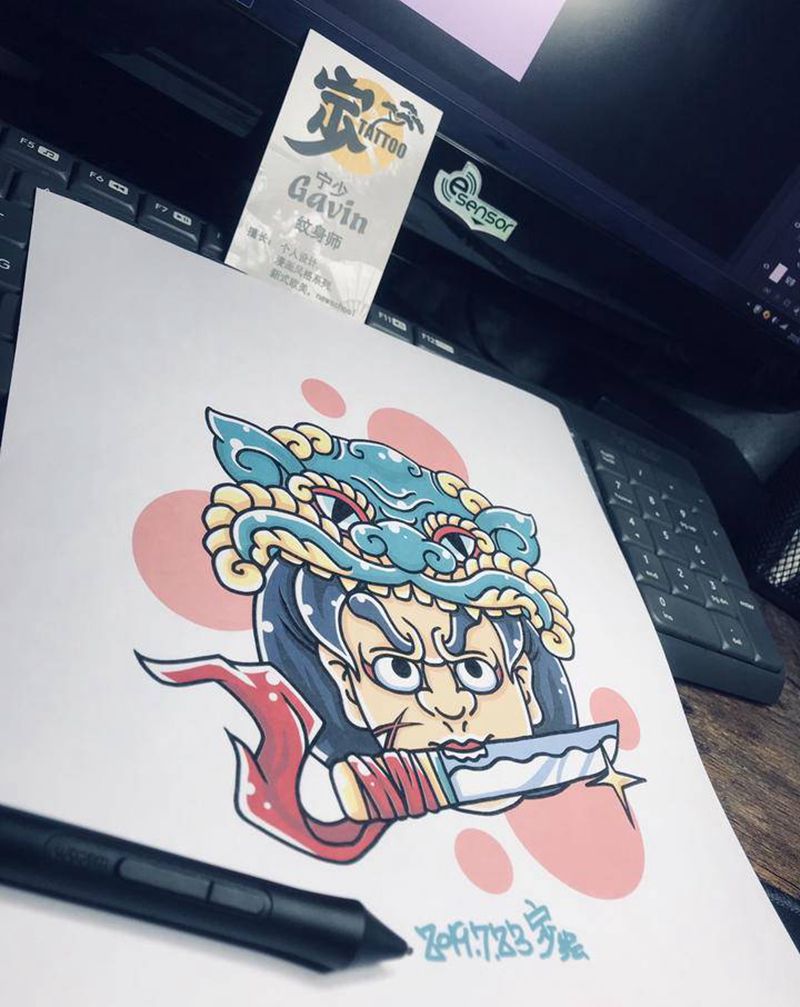 日式面谱纹身图片_手臂腿部New School新传统纹身图案