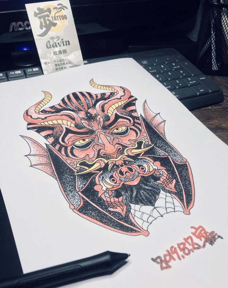 手稿+魔头纹身图片_手臂腿部New School点刺宁少手稿纹身图案