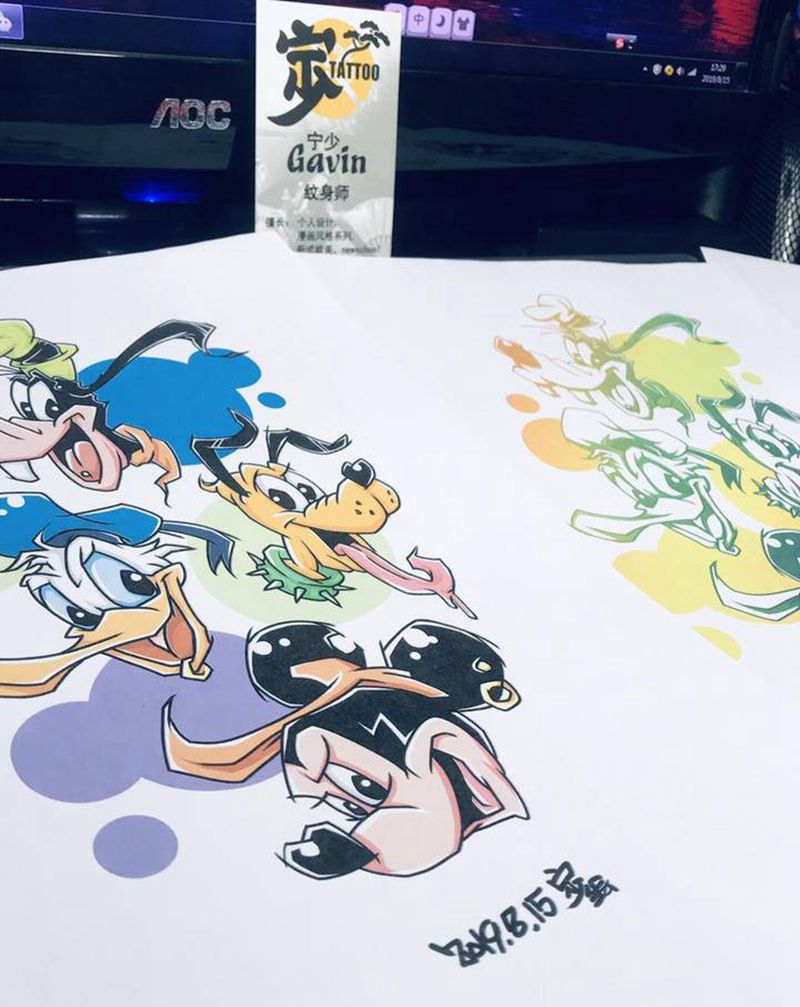 坏坏的米老鼠+唐老鸭手稿纹身图片_手臂腿部New School米老鼠纹身图案