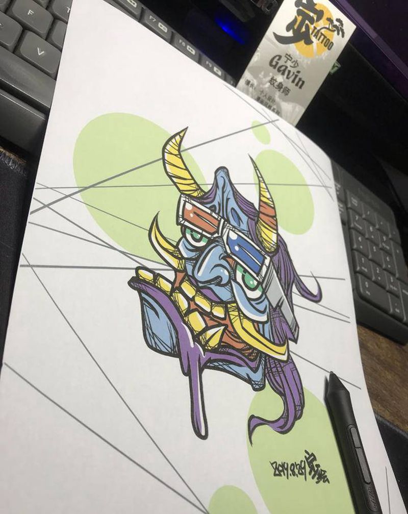 手稿+3D眼镜+般若纹身图片_手臂腿部New School宁少Tattoo般若纹身图案