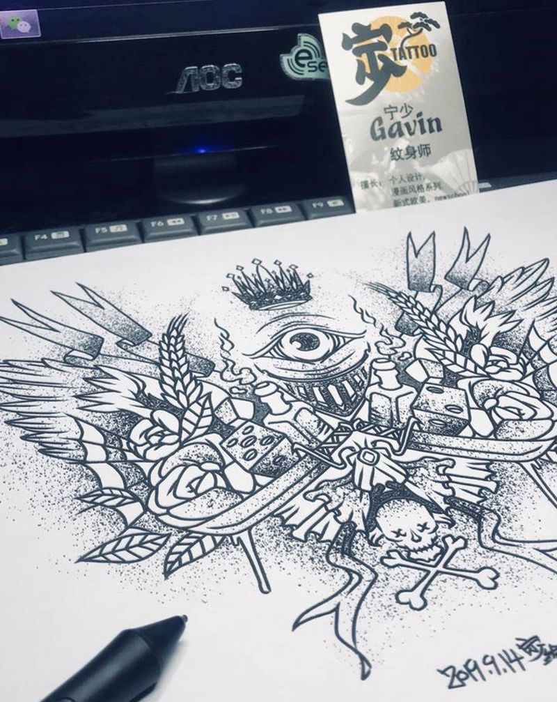 眼纹身图片_胸部背部New School点刺宁少Tattoo原创手稿纹身图案