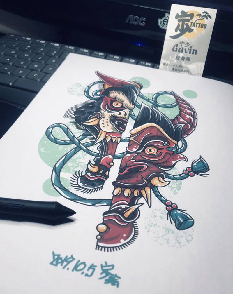 半脸×面谱纹身图片_手臂腿部New School新传统纹身图案