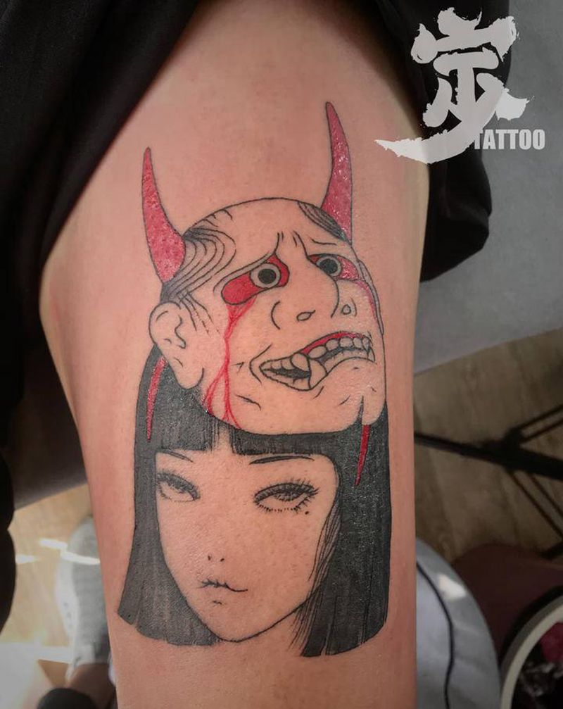 富江+般若面谱纹身图片_腿部New School新传统纹身图案