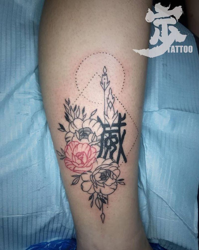 素花+威纹身图片_腿部点刺New School纹身图案