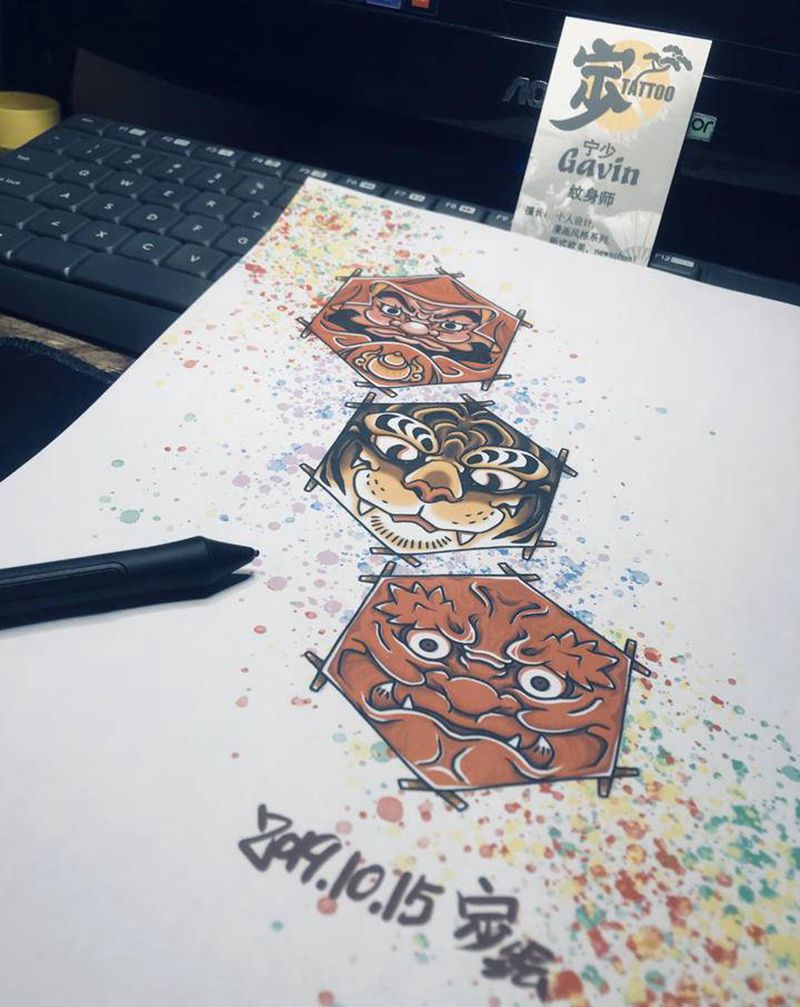 日式面谱风筝纹身图片_手臂腿部New School新传统纹身图案