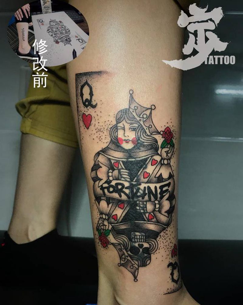 原创+扑克+覆盖纹身图片_腿部New School覆盖修改纹身图案