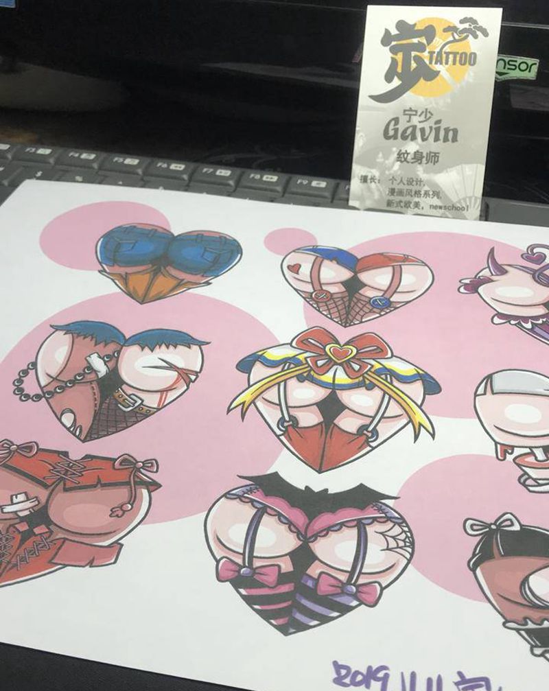 爱心❤️屁股纹身图片_手臂腿部New School原创手稿宁少Tattoo纹身图案