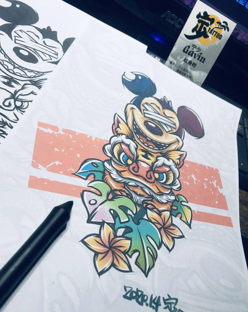 米奇+醒狮纹身图片_手臂腿部New School米奇醒狮纹身图案