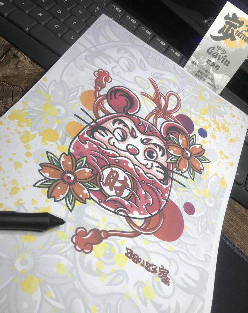 “鼠”你有财纹身图片_腿部手臂New School鼠达摩蛋纹身图案