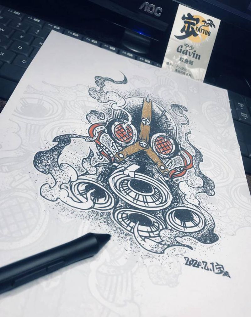 防毒面具纹身图片_手臂腿部New School点刺面具纹身图案