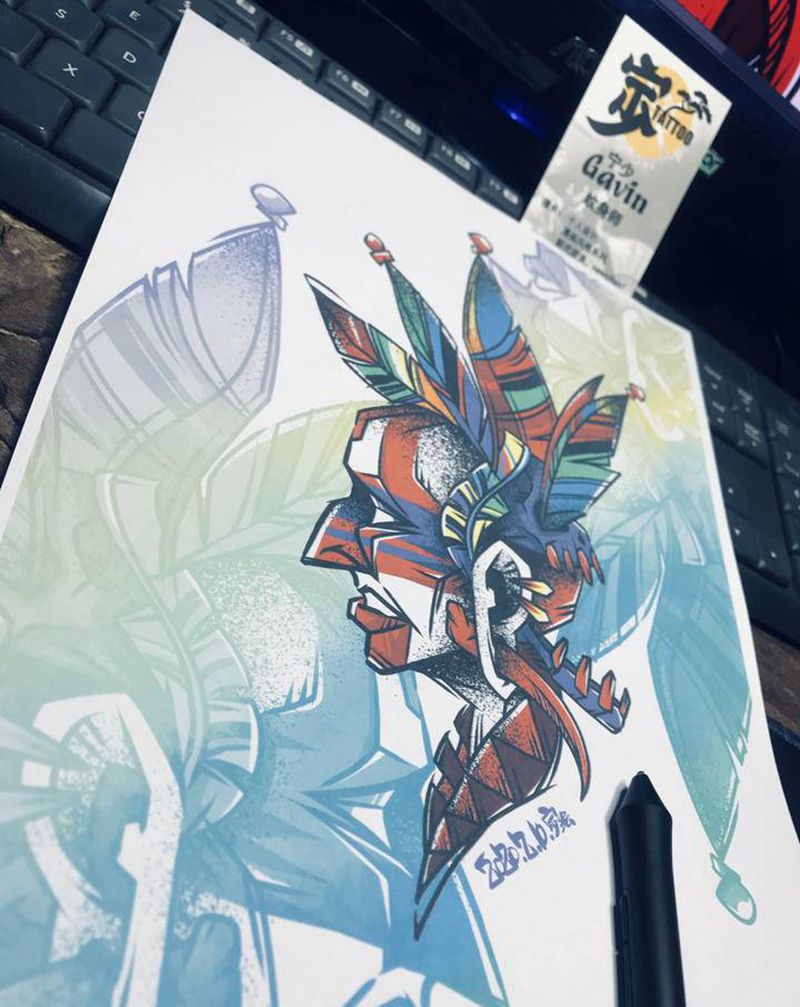 印第安人头像纹身图片_手臂腿部New School图腾印第安人纹身图案