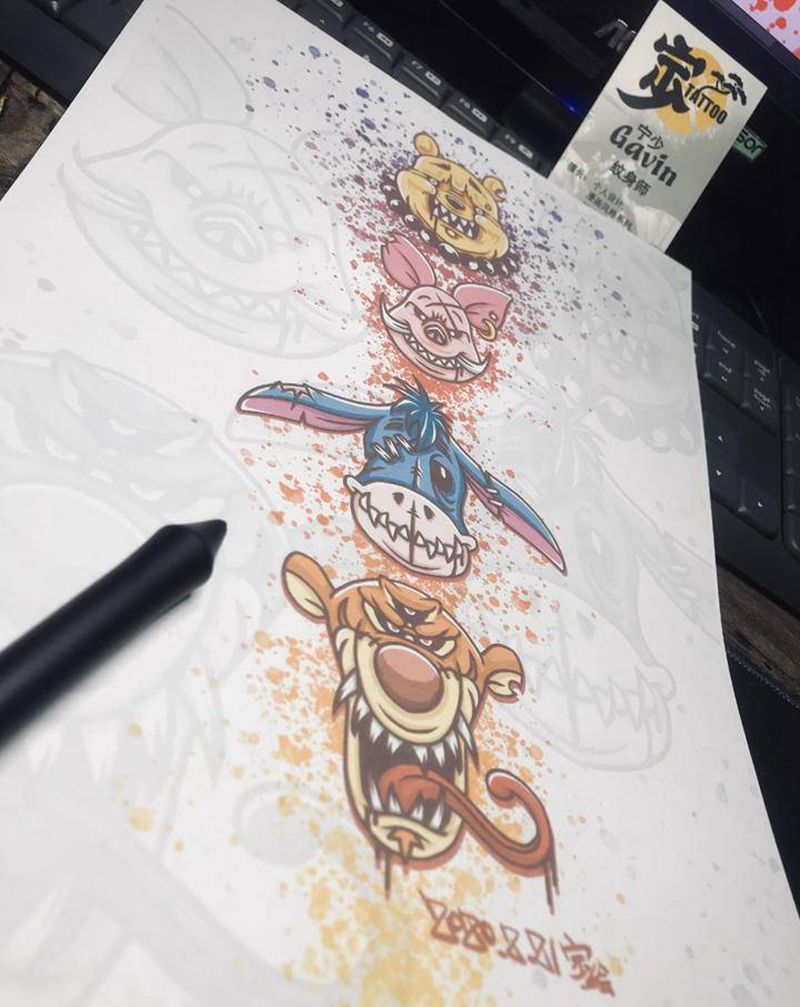 维尼熊+猪仔+笨驴+跳跳虎纹身图片_手臂腿部New School维尼熊卡通迪斯尼纹身图案