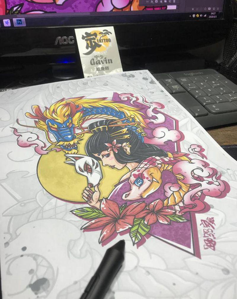 客定稿+龙犬蛇纹身图片_手臂腿部New School纹身图案