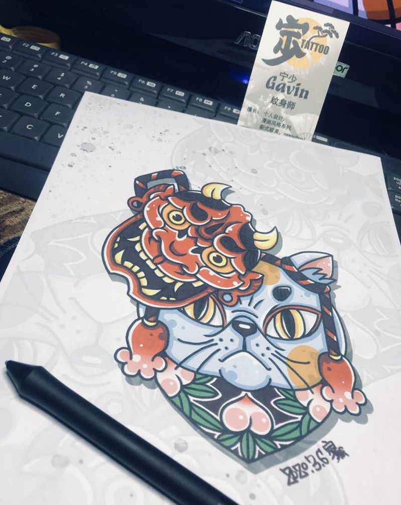 日式猫脸谱纹身图片_手臂腿部New School新传统猫般若纹身图案
