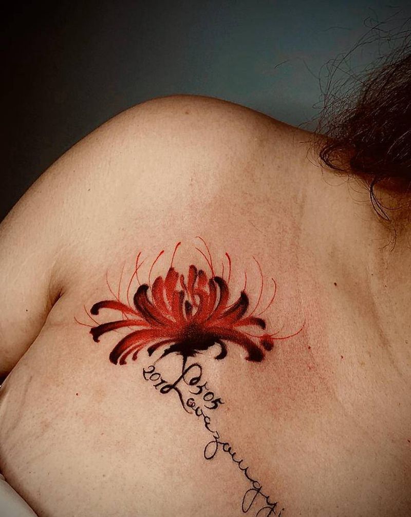 比岸花纹身图片_胸部新传统纹身图案