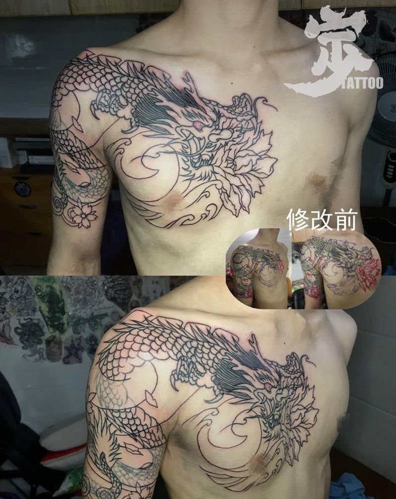 半甲龙+修改（未完成）纹身图片_胸部手臂老传统龙半甲纹身图案