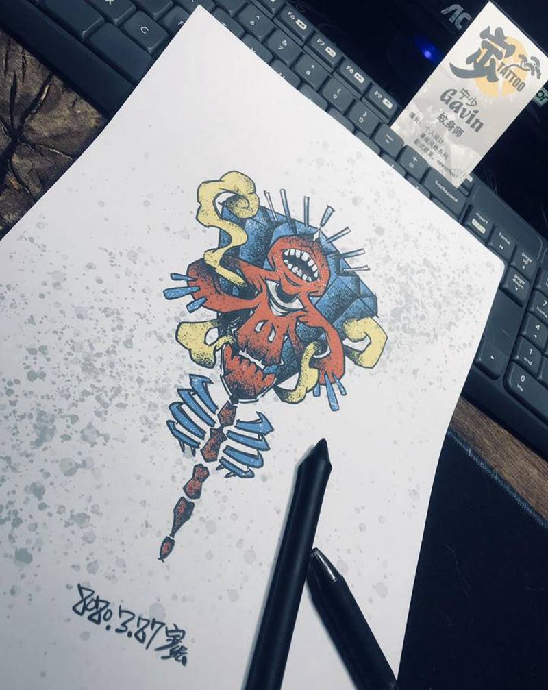 涂鸦图腾纹身图片_腿部手臂New School点刺纹身图案