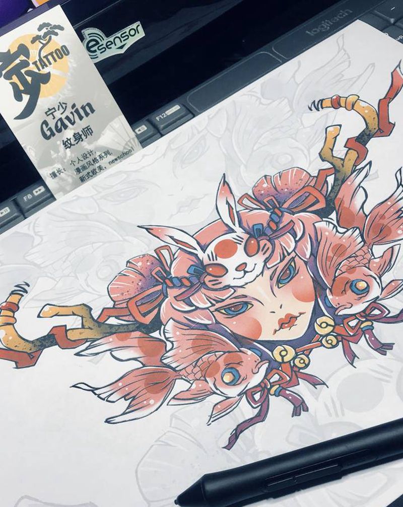 东方元素花胸原创+金鱼姬纹身图片_胸部New School新传统花胸金鱼姬纹身图案