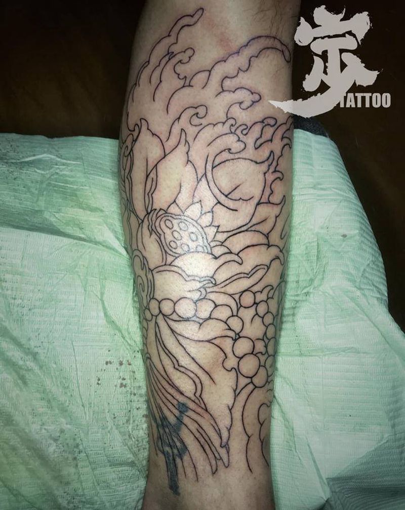 荷花包腿+遮盖（未完成纹身图片_腿部老传统纹身图案