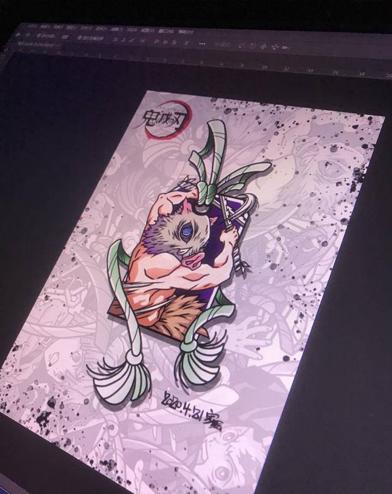 鬼灭+伊之助纹身图片_手臂腿部New School新传统动漫鬼灭纹身图案