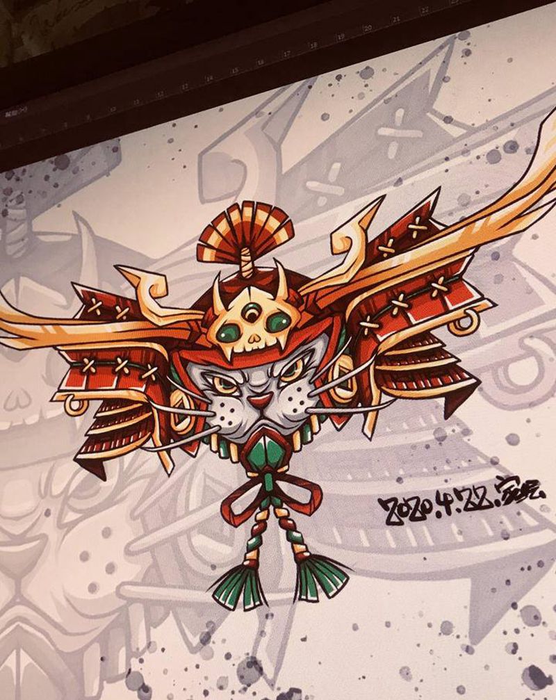 武士猫头花胸纹身图片_胸部背部New School新传统纹身图案