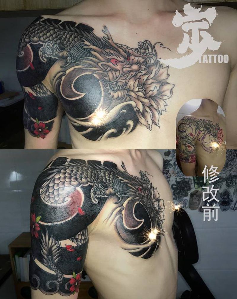 半甲龙修改纹身图片_手臂肩部老传统纹身图案