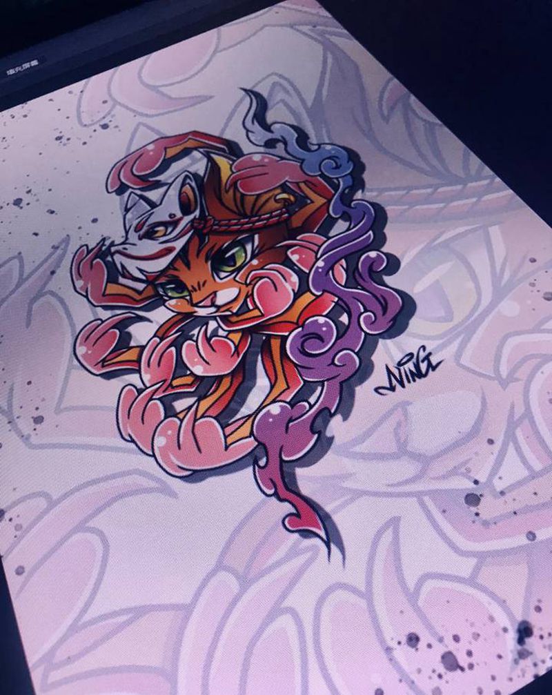 猫花纹身图片_手臂腿部New School新传统纹身图案