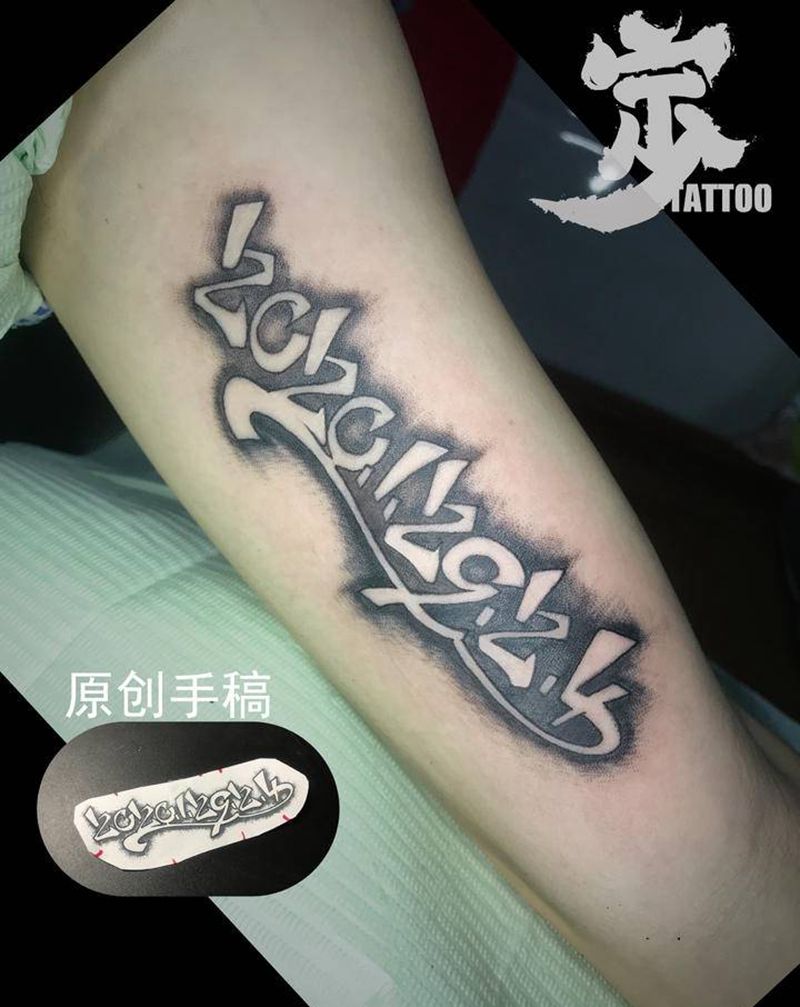 神秘的数字纹身图片_手臂图腾花体字纹身图案