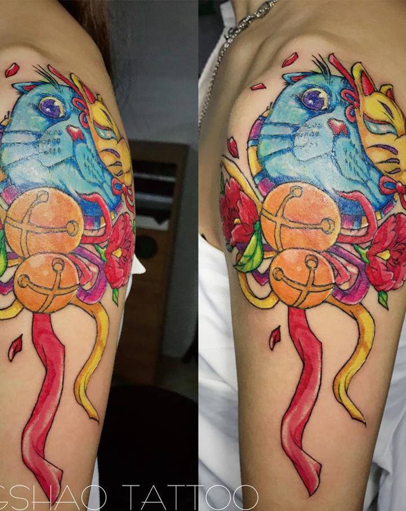 日式猫+覆盖纹身图片_手臂新传统New School纹身图案