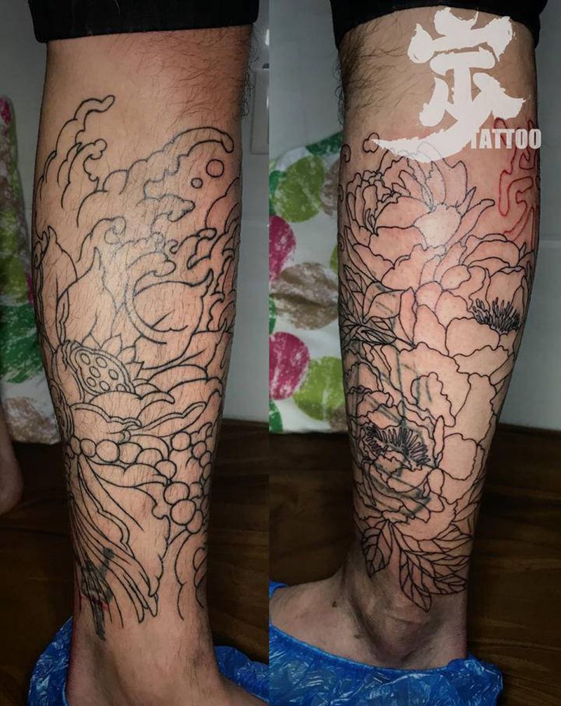 花腿+遮盖（未完成）纹身图片_腿部老传统水墨纹身图案