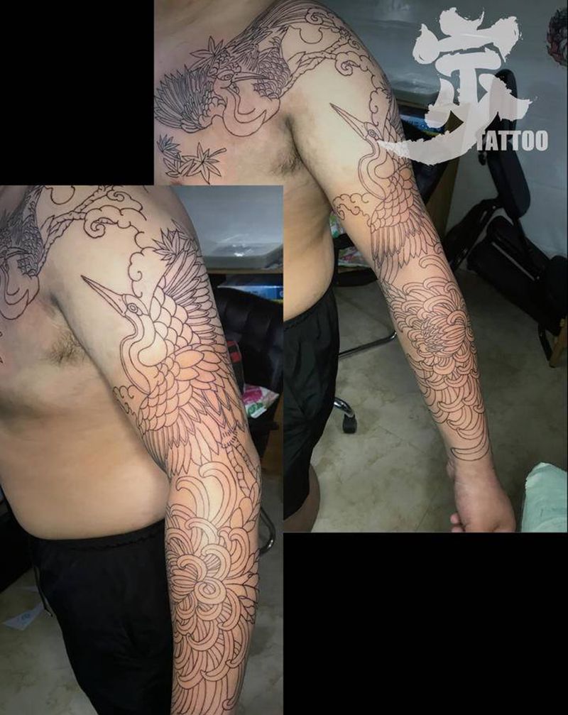 鹤+大花臂（未完成）纹身图片_手臂新传统纹身图案