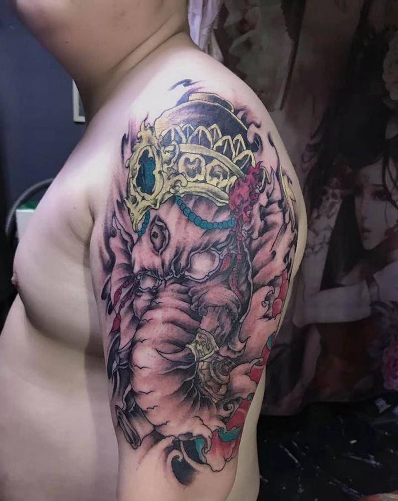 象神纹身图片_手臂新传统纹身图案