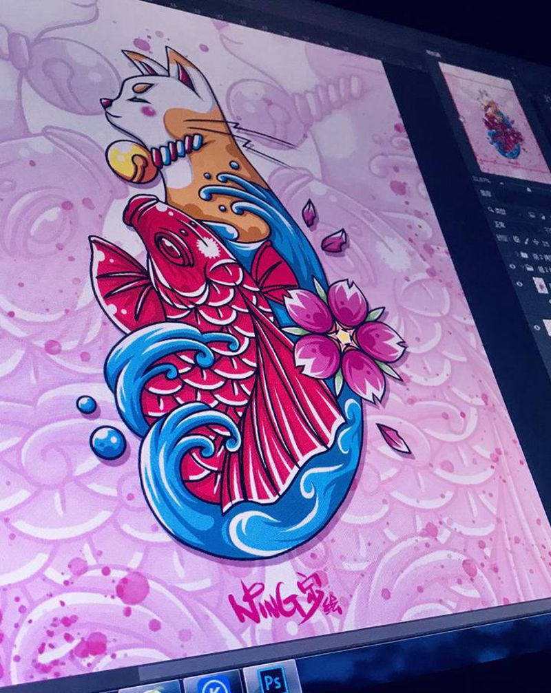 日式猫咪+鱼纹身图片_手臂腿部新传统纹身图案