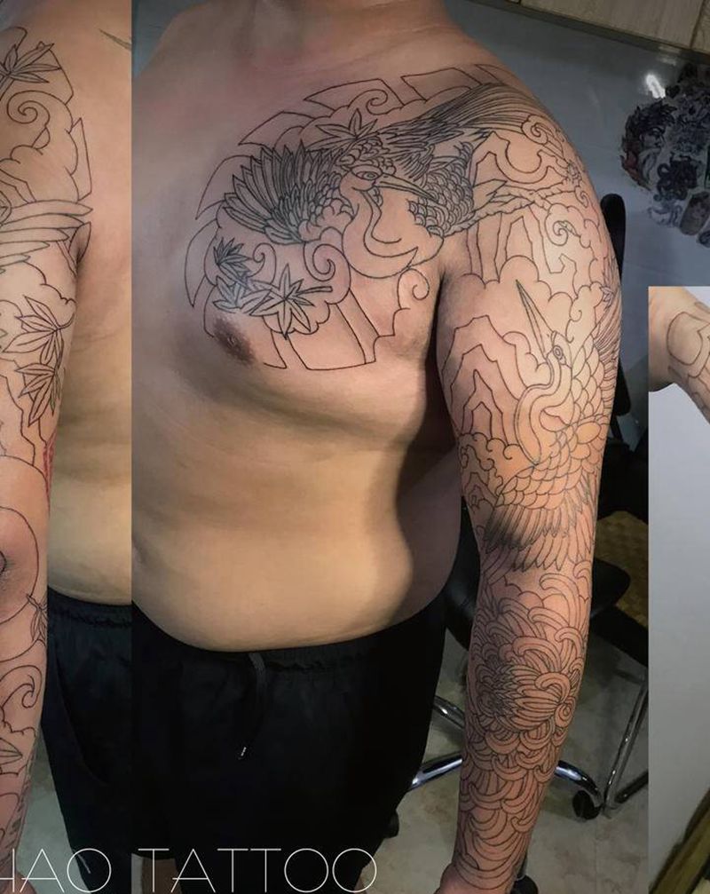 鹤花臂（未完成）纹身图片_手臂老传统纹身图案