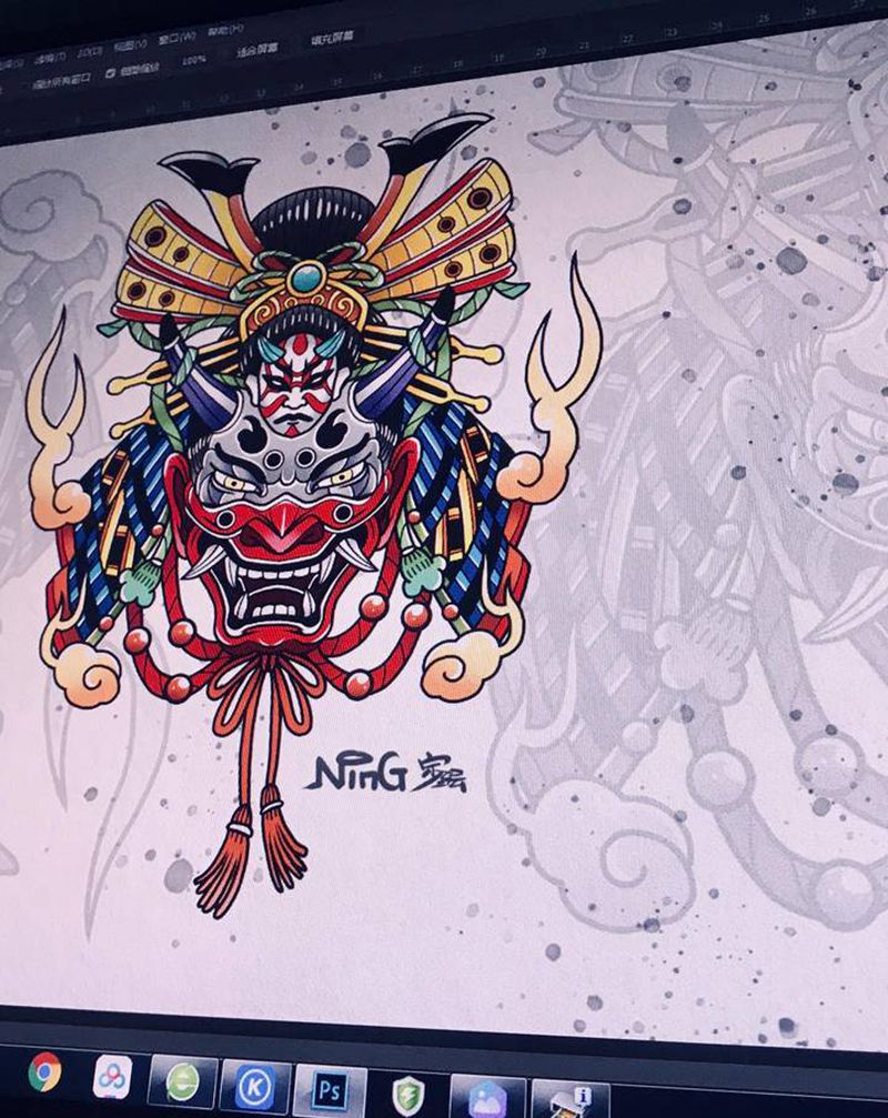 武士般若纹身图片_手臂腿部New School纹身图案