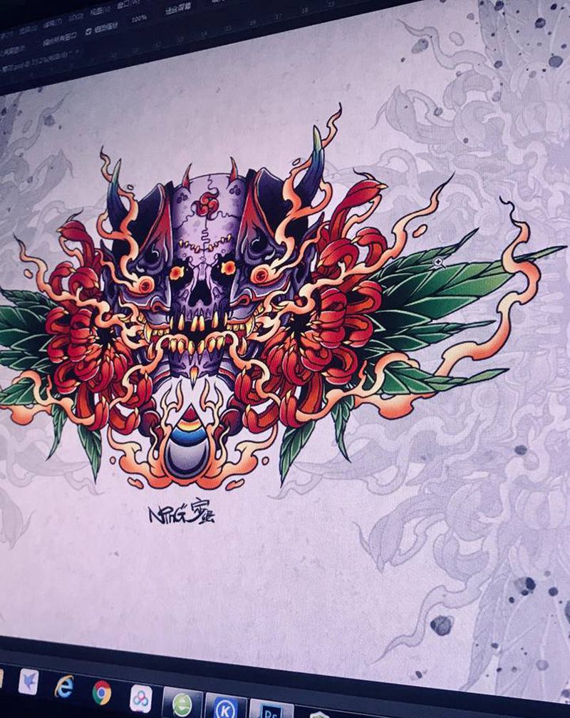 菊花般若纹身图片_胸部背部New School新传统般若纹身图案