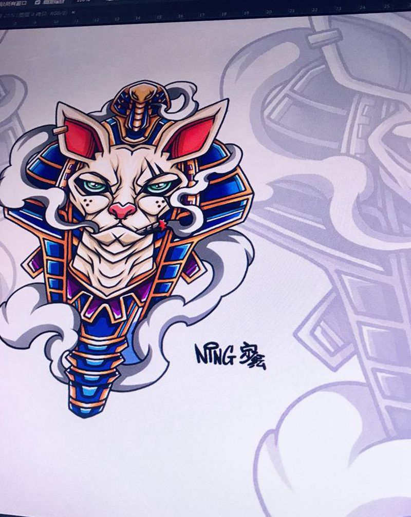 抽雪茄的法老猫老大纹身图片_腿部手臂New School猫纹身图案