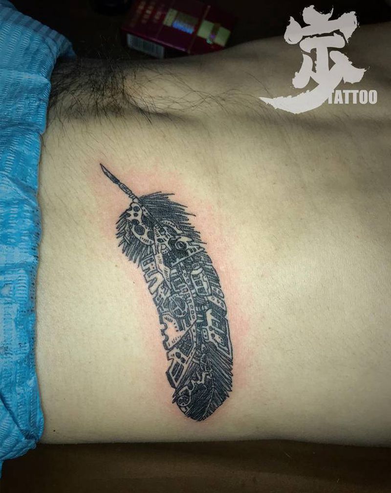 机械⚙️羽毛纹身图片_腰部New School欧美写实纹身图案